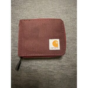 Carhartt Zip Around Bifold Canvas Wallet Burgundy Red Keychain Grommet Logo